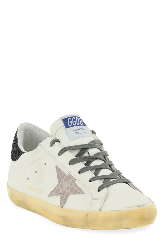 Golden Goose Super Star Leather Upper Cocco Printed Leather Glitter Heel - White