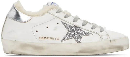 GOLDEN GOOSE SSENSE Exclusive White & Silver Super-Star Shearling Sneakers